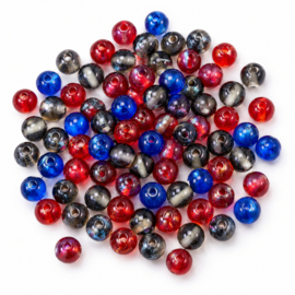 Glaskralen blauw/rood/grijs mix – ca. 7mm – 50 stuks