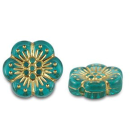 Bloemkralen kunststof met goudaccent – turquoise – 12x13 mm – 10 stuks