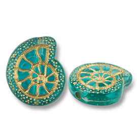 Kunststof Kralen Schelp Turquoise Goud – 18x16mm – Rijggat 2mm – 5 stuks