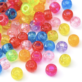 Pony beads met glitters mix – 9×6 mm – rijggat 3,5 mm – 100 stuks