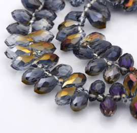 Glaskralen facet druppel – grijs/brons half plated – 12x6mm – 1mm rijggat – ca. 100 stuks