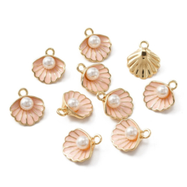 Bedels schelp met kunststof parel roze/goudkleurig – 17x15mm – 5 stuks