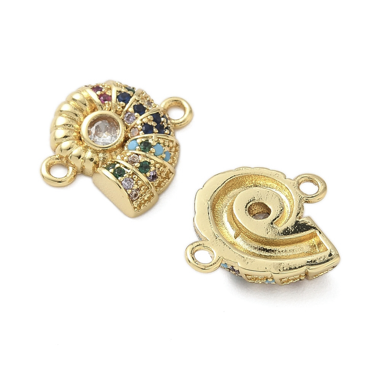 Tussenstuk schelp 18K gold plated met zirkonia kristal 15x13x4 mm – per stuk