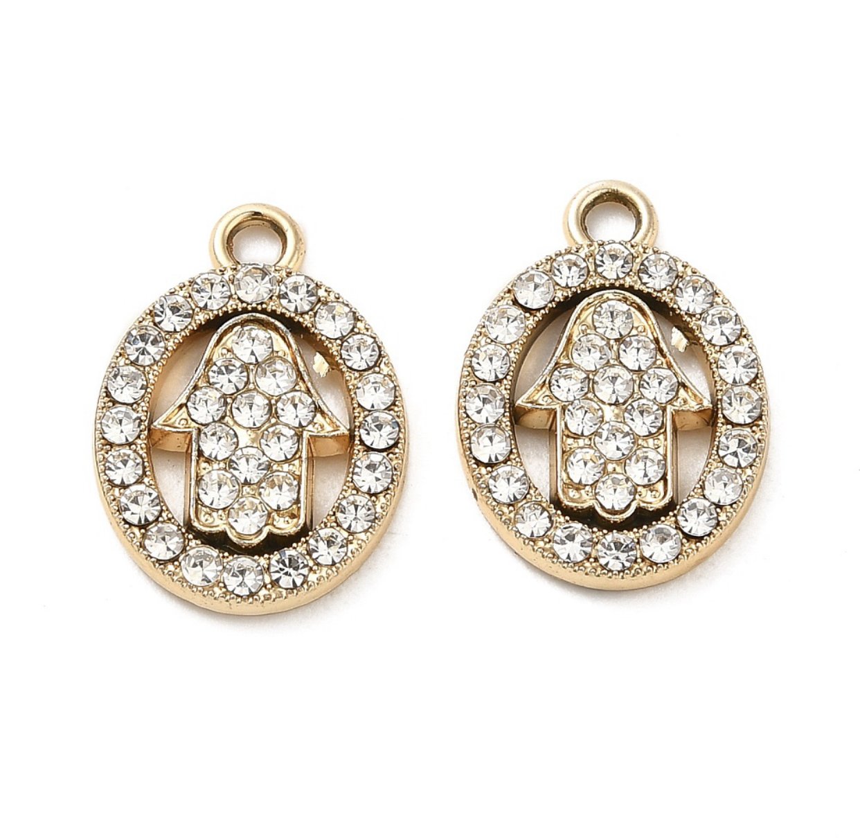Bedels hamsa goudkleurig met steentjes 17x12 mm – 5 stuks