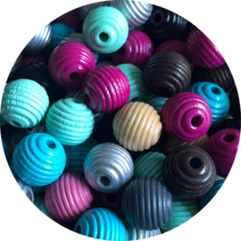 Houten ribbelkralen – mix 15 mm (10 stuks) – hoge kwaliteit