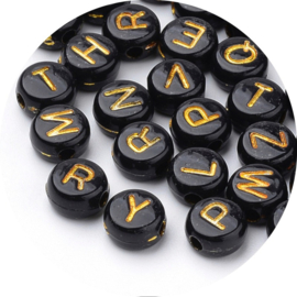 Letterkralen rond – zwart/goud – 7 mm (100 stuks)