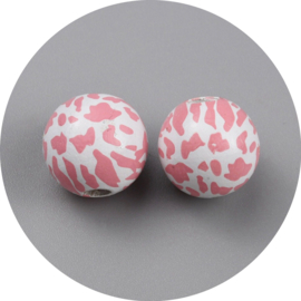 Houten kralen cowgirl 15 mm – roze koeienpatroon – 10 stuks