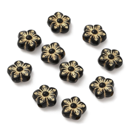 Kunststof bloem kralen zwart met goud – 9x9x4mm – rijggat 1,5mm – per 200 stuks