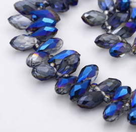 Glaskralen facet druppel – blauw half plated – 12x6mm – 1mm rijggat – ca. 100 stuks