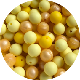 Siliconen kralen mix 12 mm geel-goud restpartij +-140 stuks