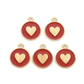 Ronde bedel met hart – rood – 16×13 mm (5 stuks)
