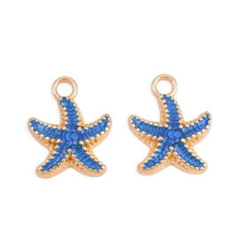 Bedels zeester – goudkleurig/oceaanblauw – 18x15 mm – 5 stuks