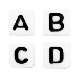 Letterkralen kubus wit met zwart – 4 mm (klein)– rijggat 2 mm – per 1000 stuks – OP=OP