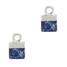 Hanger kubus marmerlook blauw/zilver – 7×11 mm (per stuk)