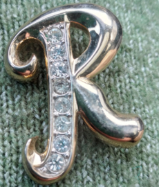 Letter broche R goudkleurig met strass