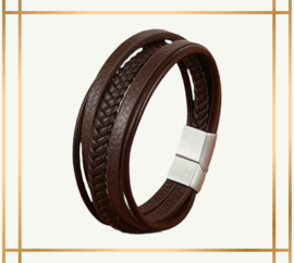 Bruine 5 strengen leren armband, zilveren sluiting