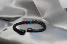 Leren Armband met Multicolor Stenen Kralen– Zwart Leer