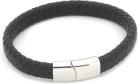 Zwart gevlochten leren armband, 19cm, zilveren sluiting