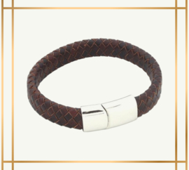 Bruin fijn gevlochten leren armband, zilveren sluiting