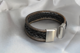Stoere Leren Armband Uniseks – Zwart Visgraad & Donker Bruin Leer