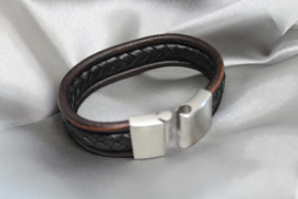Stoere Leren Armband Uniseks – Zwart-Bruin Leer met RVS sluiting
