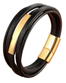 Zwarte 5 strengen leren armband met schuif plaatje, goud