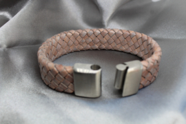 Leren Armband Uniseks – Zalmroze & Grijs Leer met RVS Sluiting
