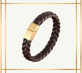Bruin gevlochten leren armband, gouden sluiting