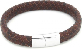 Bruin gevlochten leren armband, 19 cm, zilveren sluiting