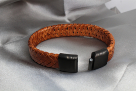 Leren Armband – Cognac Bruin Plat Gevlochten Leer 20,5 cm
