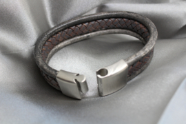 Stoere Leren Armband Uniseks – Grijs-Bruin Leer met RVS sluiting