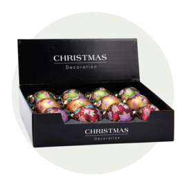 12 Glazen kerstballen met bloemmotief 3-assorti