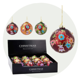 12 Glazen kerstballen met bloemmotief 3-assorti