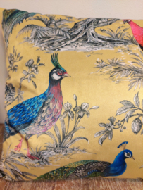 Kussen velvet goudgeel pauwen