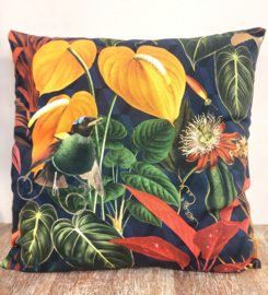Kussen canvas vogel oranje/rode bloem