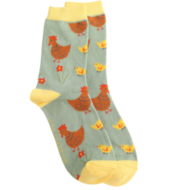 Damessokken Kippen en kuikens (saliegroen)