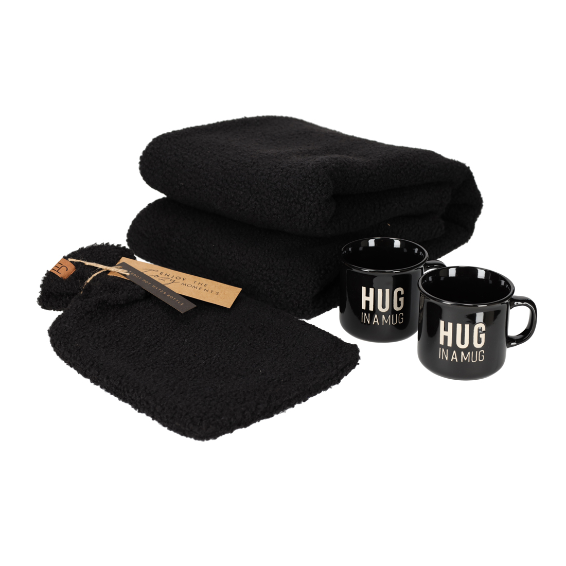 Giftset Hug Zwart - Teddy Kruik, Plaid en Mokken Set - Jens Living