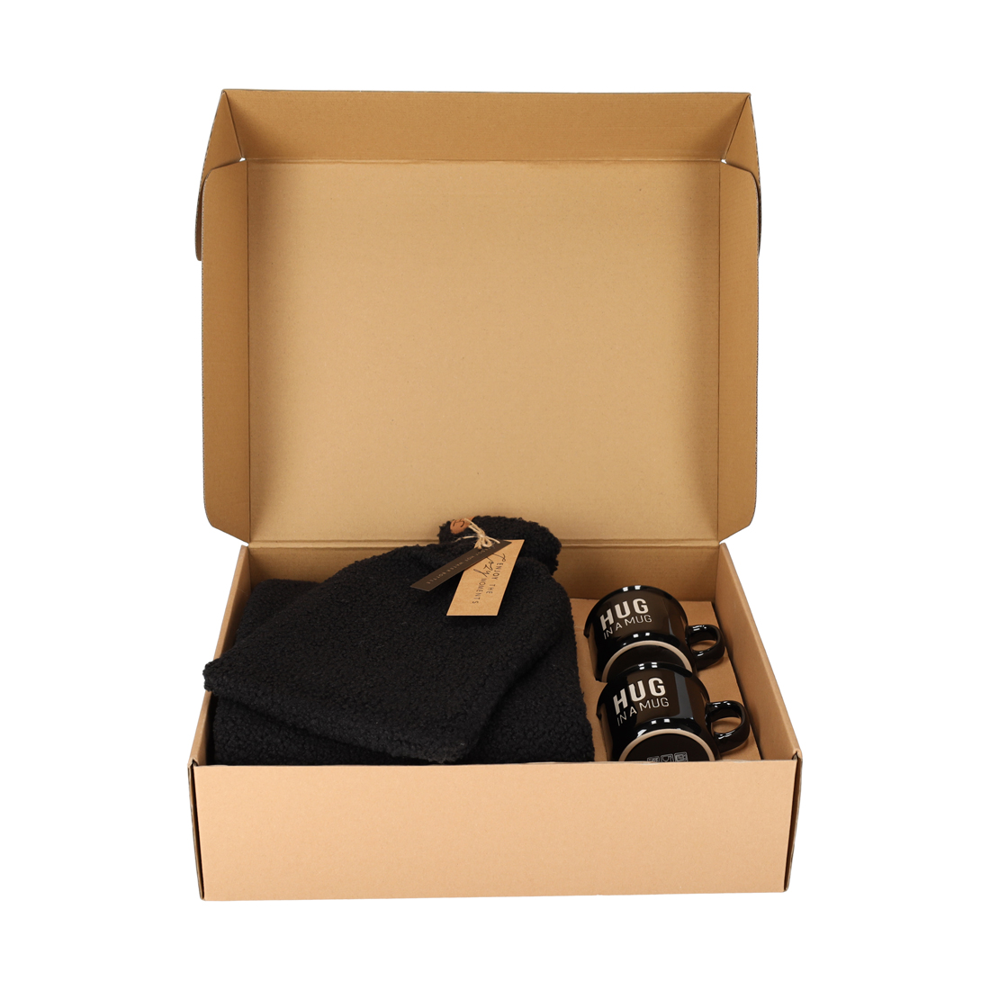 Giftset Hug Zwart - Teddy Kruik, Plaid en Mokken Set - Jens Living