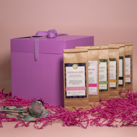 Surprisebox met 6 soorten losse thee, theeknijper en maatschep