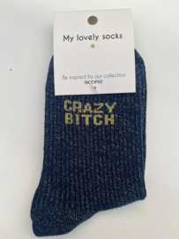 Glittersokken crazy bitch blauw