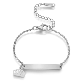 Baby/kind naam armbandje met kroontje, zilverkleur (Staal)