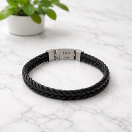 'Voor papa/Opa', gevlochten zwarte leren armband met edelstalen sluiting