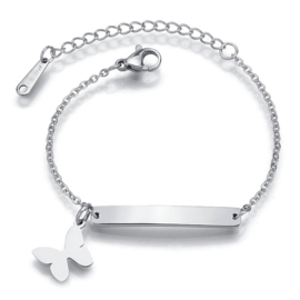 Baby/kind naam armbandje met vlinder, zilverkleur (Staal)