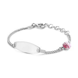 Baby/kind naam armbandje met lieveheersbeestje roze (ovaal), 925 sterling zilver