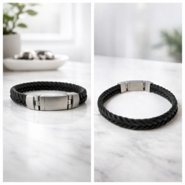 'Voor papa/Opa', gevlochten zwarte leren armband met edelstalen sluiting