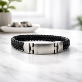 'Voor papa/Opa', gevlochten zwarte leren armband met edelstalen sluiting