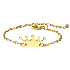 Baby/kind naam armbandje met graveerbaar kroontje, goudkleur (Staal)