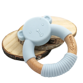 'Bambino' Houten bijtring met silicone beer (blauw)