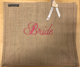 Jute tas L geborduurd met Bride in fuchsia roze