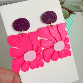 Oorbellen Groovy flower felroze - lichtroze - aubergine
